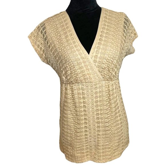 Alfani Womens Beige Lace Knit Baby Doll Top with Cap Sleeves Size S Y2K Romantic - Picture 1 of 8